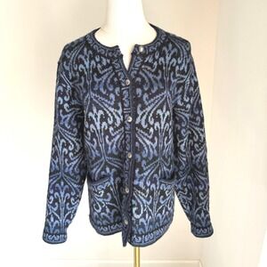 Intiwara Handmade Alpaca Blue  Damask Knit Cardigan Button Front Medium Nordic‎